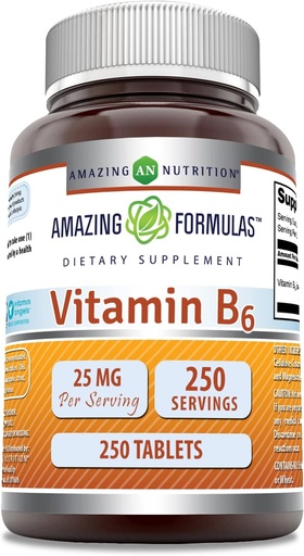 [BRSWKZDZAF4AACTU] Stupefacente formula vitamina B6 Pyridoxine 25mg 250 compresse supplemento | Non OGM | Gluten Free | Made in USA