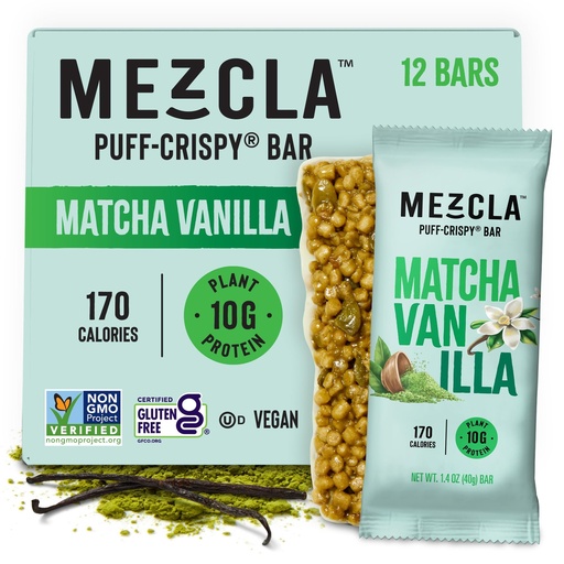 [BRSROCQTBAFRYCA6] Mezcla Puff-Crispy Plant Based Protein Bars - Matcha Vanilla - Healthy Snacks for Adults & Matcha Latte Fans - Best School, Travel, Office Snacks - Gluten Free, Vegan, Non GMO, 10g Protein - 12 Count
