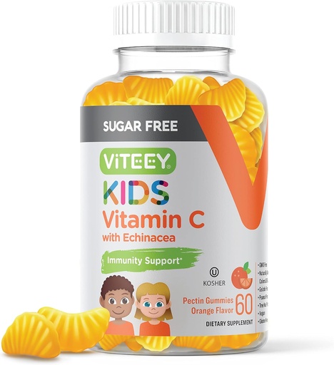 [BRSRMA35OFYGO2D2] Viteey Kids Vitamin C Gummies 75mg, with Echinacea - Sugar Free - Immune Support for Toddlers, & Teens - Vegan, Gelatin Free, Gluten Free, GMO Free - Tasty Orange Flavored Kids Immunity Gummy