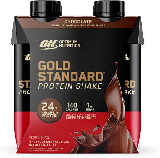 [BRSW2BDYCEFRGALD] Optimum Nutrition Gold Standard Protein Shake, 24g Protein, Ready to Drink Protein Shake, Gluten Free, Vitamin C for Immune Support, Chocolate, 11 Fl Oz, Pack of 4 (Packaging May Vary)