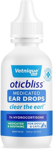 [BRSRMGT6CMBWOCA6] Vetnique Oticbliss Medicated Cat & Dog Ear Cleaner Drops - Dog Ear Infection Tratamento com 1% de hidrocortisona para acalmar coceira, vermelhidão, & inchaço - Vet Recomendado