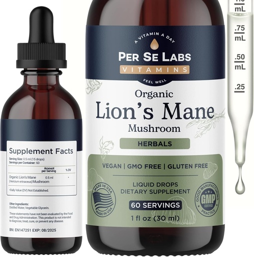 [BRSRMZYTCMJRED3L] Lions Mane Mushroom Supplement Liquid Drops | Immune System Booster, Brain Supplement Focus & Memory | Organic Lion's Mane Extract