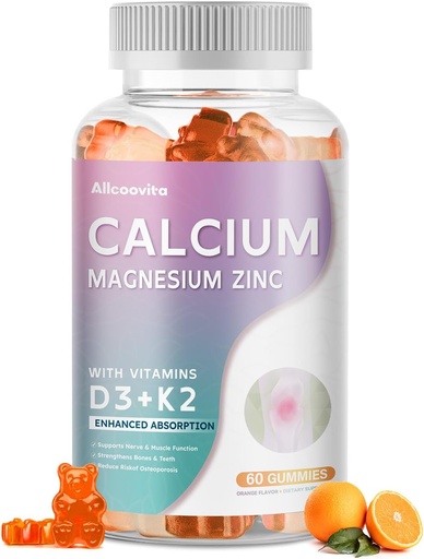 [BRSRAFAFOR6QOHY2] Calcium Magnesium Zinc Gummies with Vitamin D3 ' K2 - High Potency Enhanced Absorption -60 Orange Gummies Flavored.