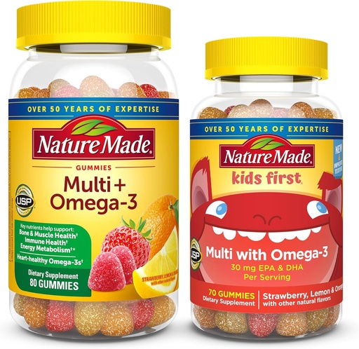 [BRSROFT2OAMAKDTP] Nature Made Adult & Kids Multivitamin Gummies Combo Pack, Multis with Vitamin C, Vitamin D3, B Vitamins, Zinc, Omega 3 Fish Oil & More, Two Multivitamin Bottles for Whole Family