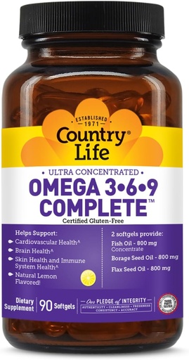 [BRSWIYTYDEJWAFLC] Country Life Omega 3-6-9 Suplemen Lengkap - 1.534mg Omega Fatty Acids - Mendukung Kardiovaskular, Otak, Skin & Imune Kesehatan - Disertifikasi Gluten Bebas, Non-GMO - 90 Softgels