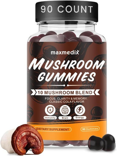 [BRSRA2YLARYBGFL5] maxmedix Mushroom Gummies - 10x Mushroom Supplement with Ashwagandha and Lions Mane - Brain Booster, Immune Support, Energy - Mushroom Supplement for Men & Women 90 Coke Gummies