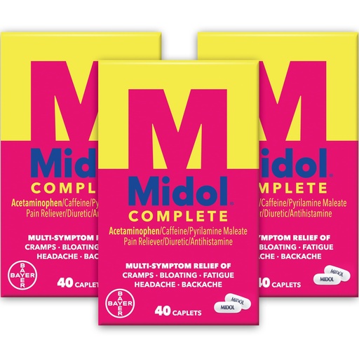 [BRSWGGICDMORUEQ4] Midol Complete Menstrual Pain Relief Caplets with Acetaminophen for Period Cramps, and Menstrual Symptom Relief - 40 Count (Pack of 3) (Packaging May Vary)