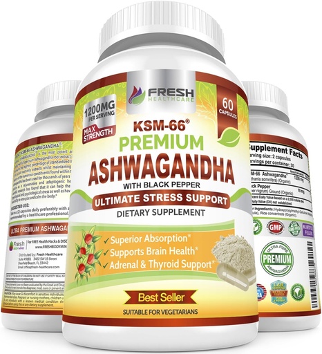 [BRSWGZI5CUJRY2DG] ČERSTVÁ ZDRAVOTNÍCKA Ashwagandha Kapsule KSM-66 1200mg Pure Root Extract with Black Pepper for High Absorbtion - Potent Ashwagandha Supplement - 60 Vegan Kapsule
