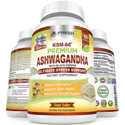 [BRSWGZI5CUJRY2DG] FRESH HEALTHCARE Ashwagandha Capsules KSM-66 1200mg Pure Root Extract with Black Pepper for High Absorption - Potent Ashwagandha Supplement - 60 Vegan Capsules