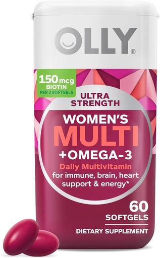 [BRSWYHQYC4BR6EL7] OLLY Ultra Women's Multi Softgels, Overall Health and Immune Support, Omega-3s, Iron, Vitamins A, D, C, E, B12, Daily Multivitamin, 30 Day Supply - 60 Count