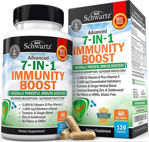[BRSWYAIKBACBO2TK] Immune Support Supplement with Zinc Vitamin C Vitamin D 5000 IU Elderberry Ginger D3 Goldenseal - Dr Approved Immunity Vitamins for Adults Women and Men - Natural Immune System Booster Defense -120ct