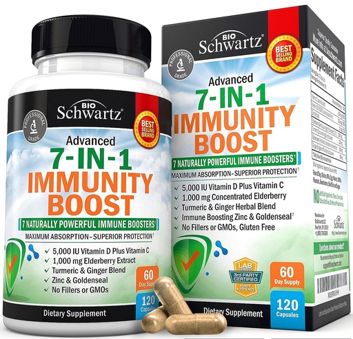 [BRSWYAIKBACBO2TK] Immune Support Supplement with Zinc Vitamin C Vitamin D 5000 IU Elderberry Ginger D3 Goldenseal - Dr Approved Immunity Vitamins for Adults Women and Men - Natural Immune System Booster Defense -120ct