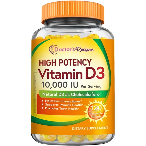 [BRSRAHQCBEBG2CLU] Doctor's Recipes Vitamin D3 10000 IU, Bones, Teeth, and Immune Support, Non-GMO, No Gelatin, Gluten or Soy, 120 Vegetarian Softgels