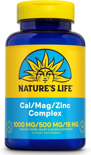 [BRSWIYT3OMABGETC] NATURE 'S LIFE Cal Mag Cink Complex 1000mg / 500mg / 15mg - Kalcium Magnézium Cink kiegészítés w / D-vitamin és Bór - Csontegészség, Izom és Szív Egészségügyi támogatás, 60 napos garancia, 25 Serv, 100 Caps
