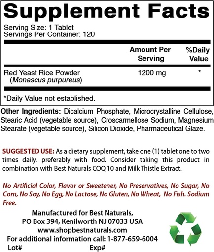 [BRSRMBAHBEAWEEQ4] Best Naturals Red Yeast Riz Cholestérol Support 1200 mg & COQ10 100 mg