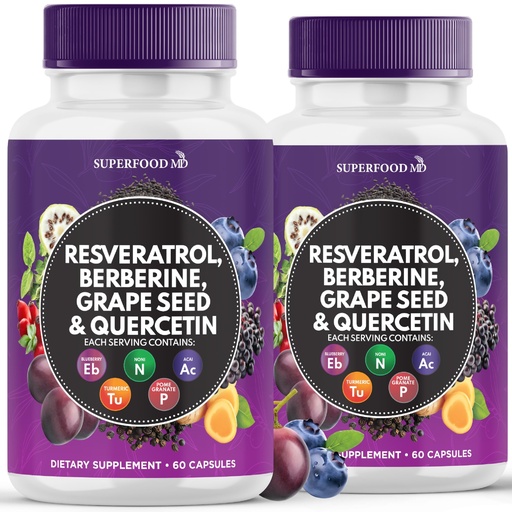 [BRSRAHYCC4HGAETH] Resveratrol Berberine Grape Seed Extract Quercetin - Polyphenol Supplement with Noni Extract, N-Acetyl Cysteine, Acai Extract - Made in The USA - 120 Capsules