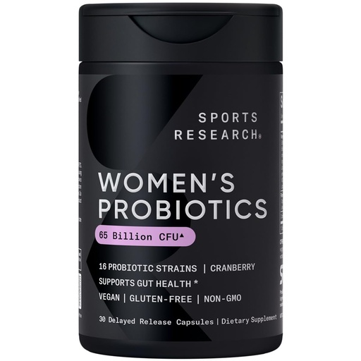 [BRSW2HYKAEMRGGTH] Sports Research Women's Probiotics with Prebiotics, 65 Billion CFU - Vegan Capsules for Gut Health & Digestive Support, Probiotics for Women with Cranberry - Non-GMO Verified & Gluten Free - 30 Count