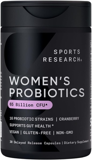 [BRSW2HYKAEMRGGTH] Sports Research® Women's Probiotics with Prebiotics, 65 Billion CFU - Vegan Capsules for Gut Health & Digestive Support, Probiotics for Women with Cranberry - Non-GMO Verified & Gluten Free - 30 Count