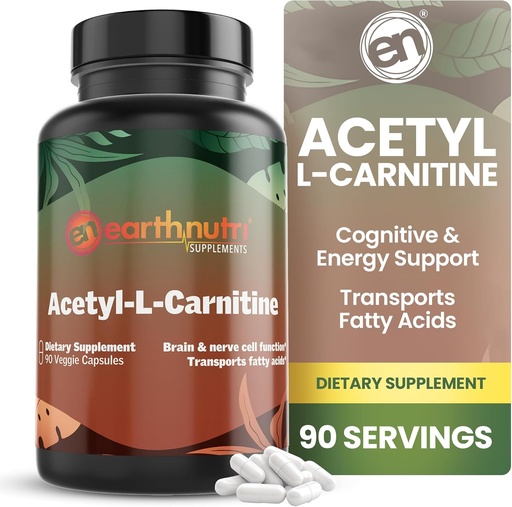[BRSROHQBAQPR4DI7] EarthNutri Acetyl-L-Carnitin Capsule – Additiv gratis, Glutenfri, Ingen Fyllstoffer, Ingen Preservatives – Acetyl L-karnitin Supplement hjelper konsentrasjon & energi – 500mg Per Serving, Utmerket 90 Antall