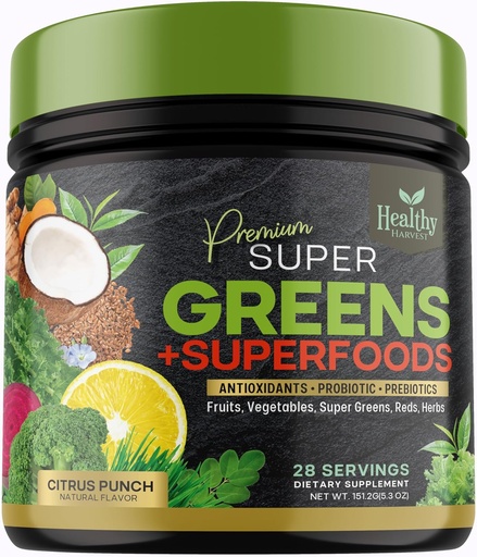 [BRSRMAA5AB5GAH3U] Greens Powder Superfood Supplement - Super Green Reds Smoothie Mix Blend with Spirulina, Wheat Grass, Chlorella, Beets, Probiotics, Natural Antioxidants - Vegan, Non-GMO - 28 Servings