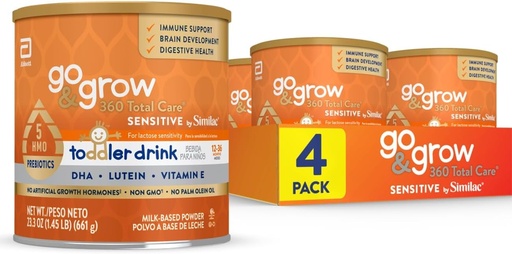 [BRSROGDQDENRGADB] Go &amp; Grow 360 Total Care Sensitive by Similac Toddler Nutritional Drink With 5 HMOs, Powder, 23.3-oz Can, Pack of 4