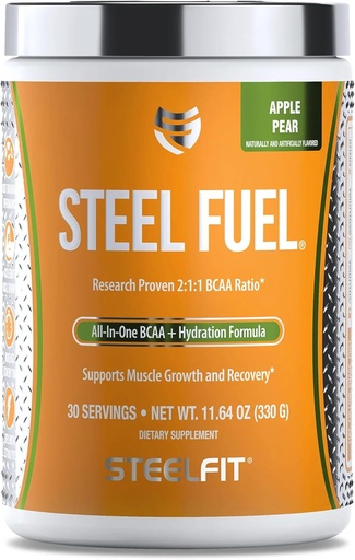 [BRSWYZARBF6RY3I2] SteelFit Steel Fuel 5g BCAAs Amino Acids Powder for Intra-Workout to Accelerate Muscle Growth & Enhanced Endurance - 30 Servings in Apple Pear - BCAA Supplements Powder for Electrolytes & Recovery