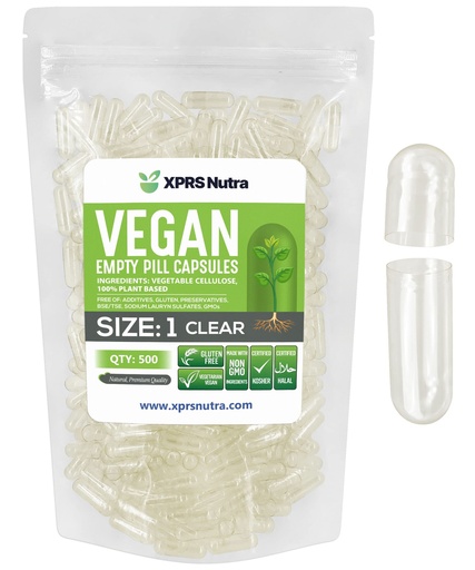 [BRSWGCT6DF5GE3TF] XPRS Nutra Size 1 Empty Capsules - 500 Count Clear Empty Vegan Capsules - Vegetarian Pills - DIY Vegetable Capsule Filling- Veggie Pill Caps for Do-It-Yourself Supplements