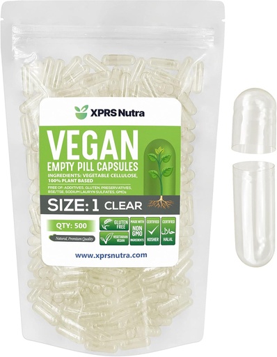 [BRSWGCT6DF5GE3TF] XPRS Nutra Size 1 Empty Capsules - 500 Count Clear Empty Vegan Capsules - Vegetarian Pills - DIY Vegetable Capsule Filling- Veggie Pill Caps for Do-It-Yourself Supplements