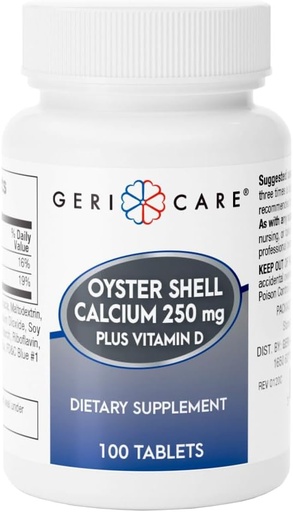 [BRSRAYYBOAPBYADO] Gericare Oyster Shell cálcio 250mg, comprimidos de vitamina D 125UI, suplemento nutricional de saúde óssea, 100 contagem (Pacote de 1)