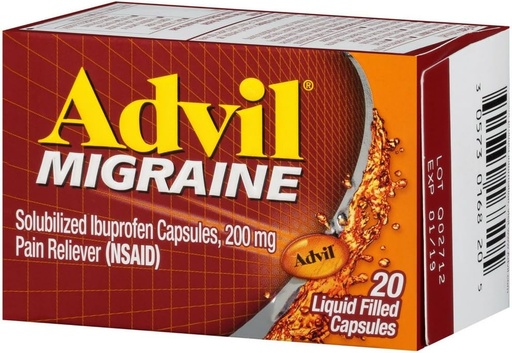 [BRSWIYQHB4AQY3TC] Advil Migreen Pain Reliever, Solubilized Ibuprofeen 200mg, 20 Count, vedelad täidetud kapslid, võimas migreeni leevendamine