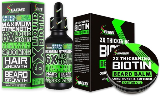 [BRSRAGQFC4BB6CDH] Beard Growth Kit w/ 2X Thickening Biotin Beard Balm & Mustache Wax + 6X Liquid Biotin with Collagen Peptides for Facial Hair Growth - Formulated in America