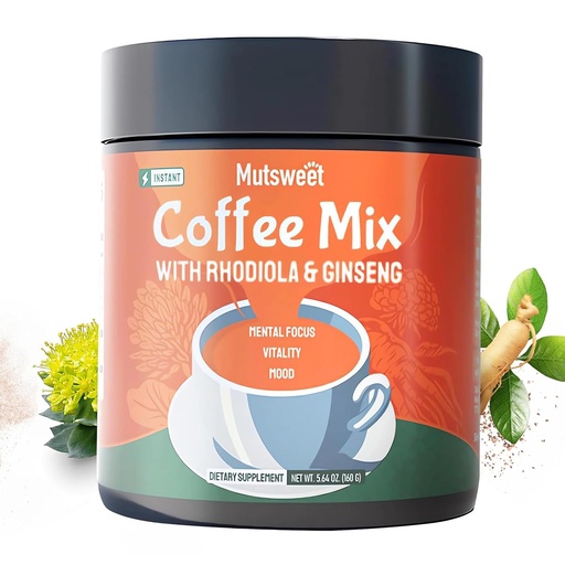 [BRSROHD2A4HWGG3G] Mutsweet Rhodiola Rosea Instant Coffee Mix with Ginseng Supplement, 40 Servings, Coffee Alternative Powder, Ginseng Extract, Ground Coffee Support Energy, Mood, Stress, Stamina