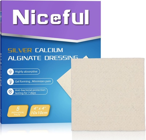 [BRSW2AA7CQPQ4FDJ] Silver Calcium Wound Dressing 4X4, HSA FSA Eligible, Highly Absorbent Ag Silver Calcium Alginate Wound Dressing Pads Soft, 5 Pcs