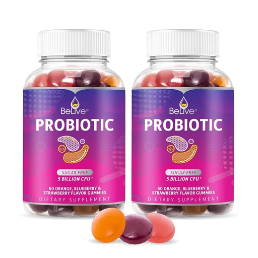 [BRSW2GD4OAOQE3LB] BeLive Probiotic Gummies - Probiotics with 5 Billion CFUs for Digestive Health, Men, Women & Kids Probiotic Supplements for Immune Support, Sugar Free & Vegan – Blueberry, Strawberry & Orange | 2-Pack