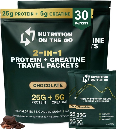 [BRSRAAYPOUNGOCQY] Nutrition On The Go Whey Protein Isolate Packets with Creatine – 25g Protein + 5g Creatine – Single-Serve Travel Protein Powder – Chocolate (30-Pack)