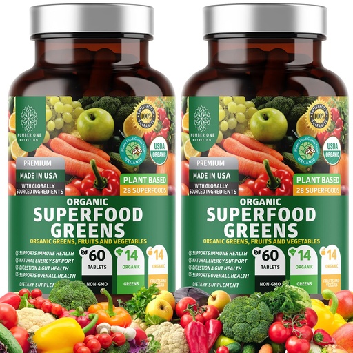 [BRSW2YA7C54AIDI3] Number One Nutrition USDA Organic and Easy-to-Take Super Greens, Better Than Powder Fruits & Veggies Supplement with 28 Superfood Ingredients Like Alfalfa, Beet Root and Ginger, 120 Tablets