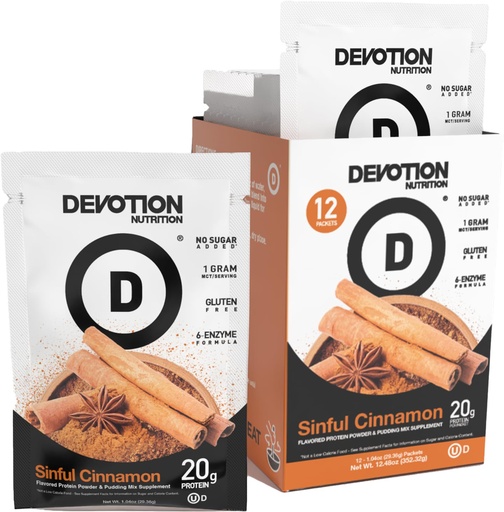 [BRSRMAI3AUCAG3Y2] Devotion Nutrition Protein Powder Blend | Gluten Free, Keto Friendly, No Added Sugars | 1g MCT | 20g Whey & Micellar Protein | 12 Count Packets (Sinful Cinnamon)