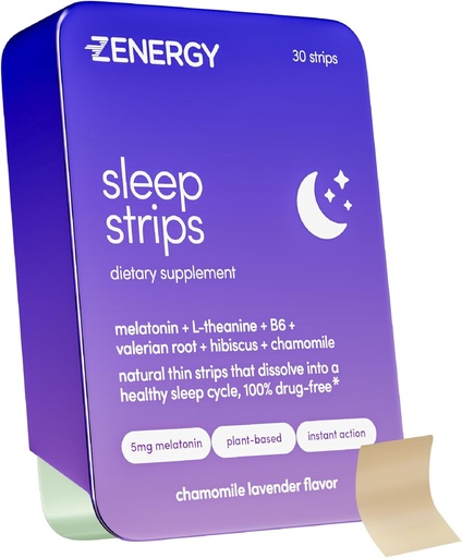 [BRSRMBA5BF5QGFL4] ZENERGY Sleep Oral Strips - Chamomile Lavender Flavor | 5mg Melatonin + 20mg L-Theanine + 100% Vitamin B6 + Botanicals | 0 Sugar, 0 Calories, 0 Gluten, Vegan, Instant Action | 1 Tin = 30 Strips