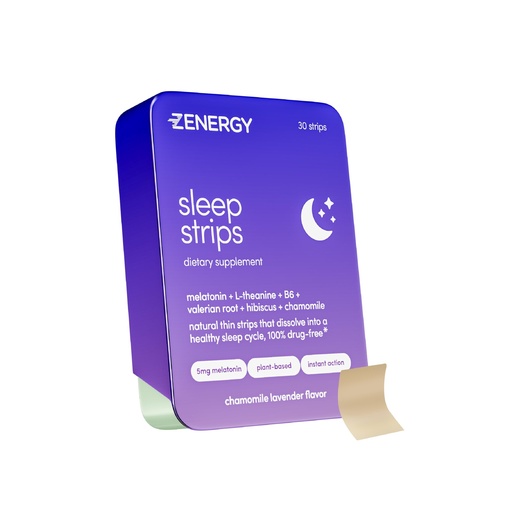 [BRSRMBA5BF5QGFL4] ZENERGY Sleep Oral Strips - Chamomile Lavender Flavor | 5mg Melatonin + 20mg L-Theanine + 100% Vitamin B6 + Botanicals | 0 Sugar, 0 Calories, 0 Gluten, Vegan, Instant Action | 1 Tin = 30 Strips