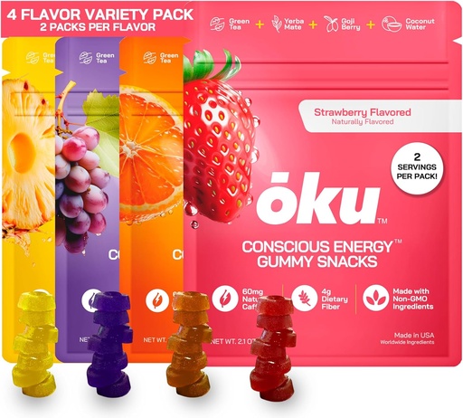 [BRSRAH3QCMNBGFLG] ōku Energy Chews - Energy Gummies w/Natural Caffeine from Green Tea | Yerba Mate, Coconut Water for Hydration, 4g Fiber Gummy, Non-GMO | Running, Cycling, On-The-Go Snacks, Variety Pack (8-Pack)