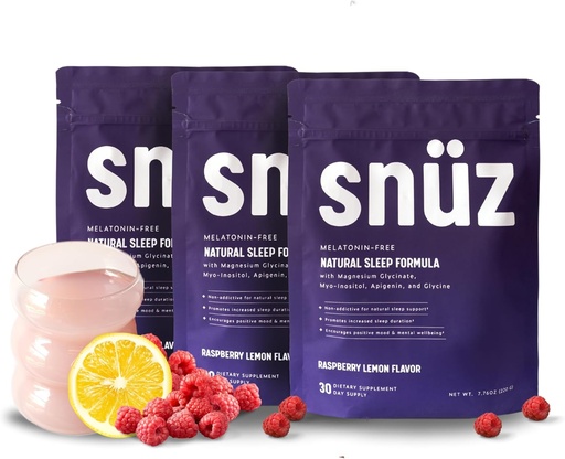 [BRSRAGIFAQFWC2TZ] snüz Natural Sleep Support Supplement with Magnesium Glycinate, Myo-Inositol, Apigenin & Glycine, Melatonin Free, Sleep Aid for Adults, Non GMO, Gluten Free, Vegan, Raspberry Lemon Flavor, 90 Svgs