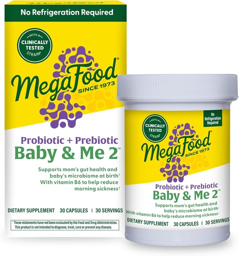[BRSROAI7PJ6BE2A4] MegaFood Baby &amp; Me 2 Prenatal Probiotic, Vegetarian Pregnancy Prebiotics and Probiotics for Women, Digestive Health & Immune Support with Vitamin B6 for Morning Sickness Relief, 30 Capsules