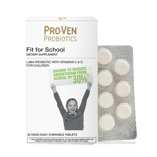 [BRSW2CD7CN5QGHY2] Pro-Ven Fit for School Kids Vitamins Kids Probiotic Chewable Tablets | 12.5 Billion CFUs with Vitamin C & D for Ages 4-16 | Strawberry Flavor | Vegetarian, Gluten & Lactose Free | 30 Daily Tablets