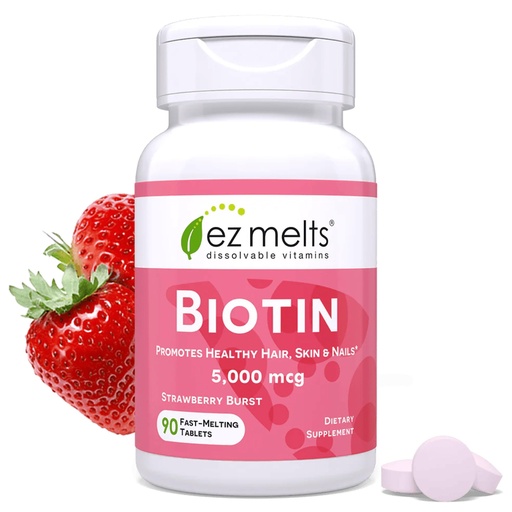 [BRSWIHA7OYOAAADE] EZ Melts Biotin - Daily Vitamin B7 for Healthy Hair, Skin & Nails - Energy Metabolism Support - No Artificial Flavors - Non-GMO & Vegan - Strawberry Burst - 90 Dissolvable Tablets (90 Servings)