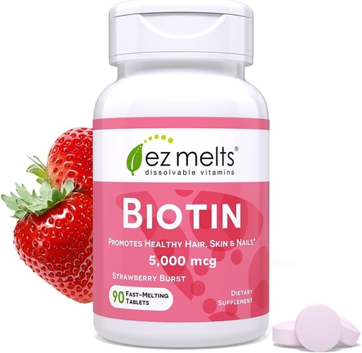 [BRSWIHA7OYOAAADE] EZ Melts Dissolvable Biotin 5000 mcg, Ile, Azal eta Nail Support, Sugar-Free, 3Month Supply - 1 Pack
