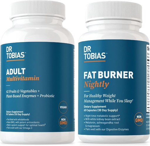 [BRSRAYANCB6WGELD] Dr. Tobias Fat Burner Nightly & Adult Multivitamin Supports Energy, Immunity & Metabolism with Ashwagandha. 42 Fruits & Vegetables with Probiotics, Green Coffee Bean Extract, Non-GMO, 30 Day Supply