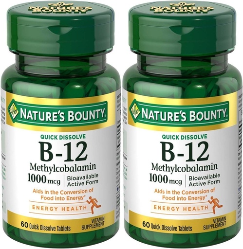 [BRSWKE36A4PB2ALK] Natures Bounty Methylcobalamin B12 Microlozenge Tablets, 1000 mcg, 120 Count), 60 Count (Pack of 2)
