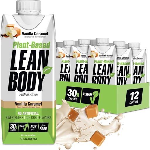 [BRSWYZYFCUHREETA] Lean Body Ready- to- Drink, Plant- based Vegan Vanilla Caramel Protein Shake, 30 g fehérje, nincs mesterséges ízesítők, édesítők vagy színezékek, nem GMO, glutén mentes, Premium Pea & Rice Blend (12-es csomag)
