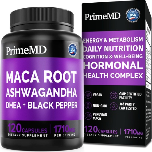 [BRSW2BLRCEJR6YIV] 6-in-1 Organic Maca Root Ashwagandha Capsules 1710mg with DHEA and Black Pepper Fruit Extract for Women and Men - Black Maca Supplement for Stamina, Bone and Mood Support Supplement, 120 count