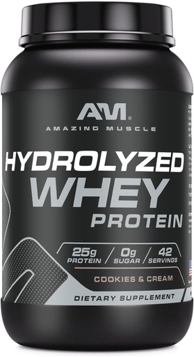 [BRSWEBAROQNWEF3D] Amazing Muscle Hydrolyzed Whey Protein Isolate Cookies & Cream Flavor dodatek 124; 25 G protein 124; 3 Lb (1.36 Kg izolát 124; Made in USA